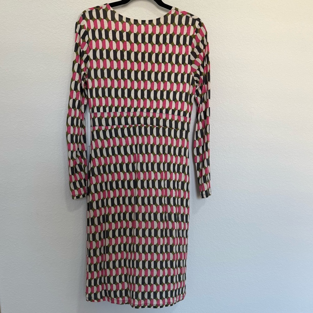 BODEN Geometric Print Long Sleeve Ruched Sheath Dress Size 8 Pink Green White - Picture 8 of 11